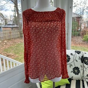NWOT: Lucky Brand Live in Love Dark Orange and Cream Chiffon Sheer Blouse